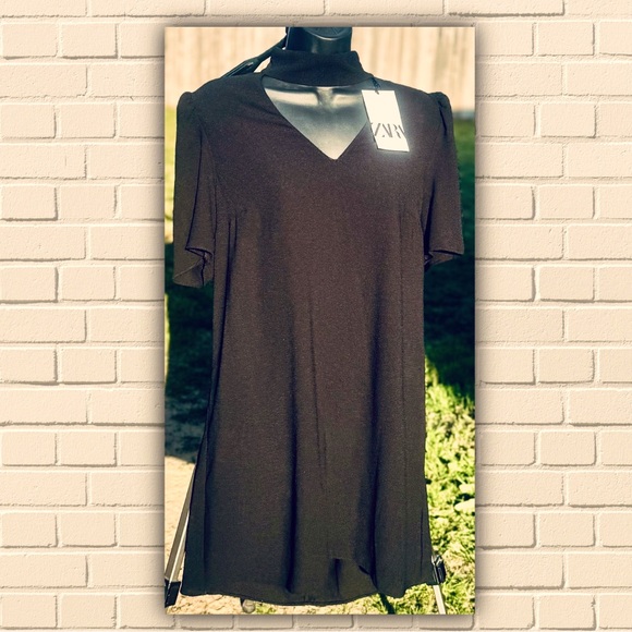 “New Zara Black Midi Dress with Tags - High Neck, Short Sleeves, Size L, Made in - Picture 3 of 15